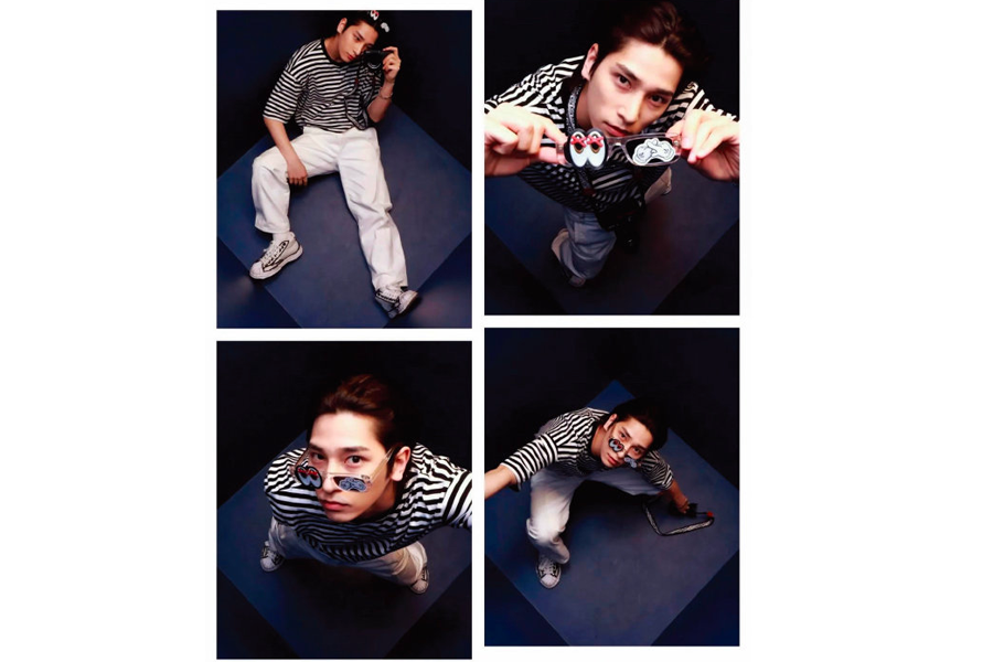 在Don't Lxxk Up拍贴机内拍摄的四幅俯角视图，以独特的视觉效果表现出复古Y2K风格的时尚照片。