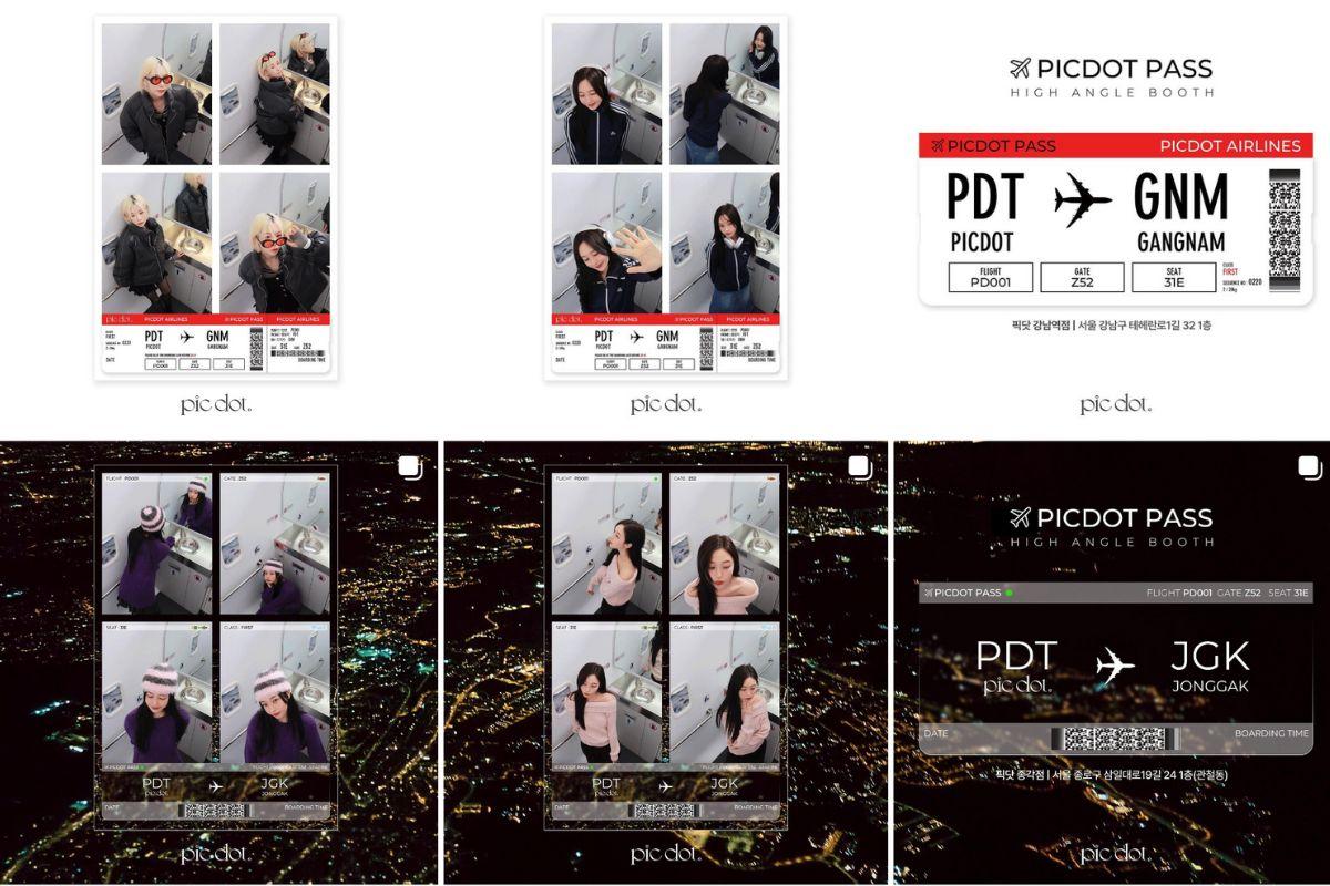 韩国拍贴机pic dot.品牌宣传海报，展示不同风格的高空角度拍摄与模拟飞行体验，提升韩国旅行新潮流体验感。