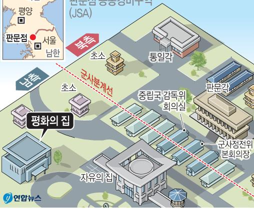 位於板門店的地圖，顯示南北韓邊界的具體位置和主要設施。