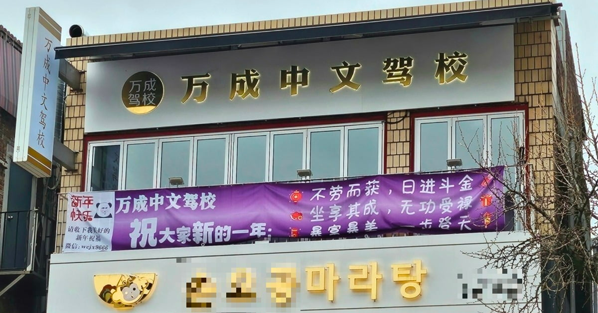 标语特写,展示只使用中文的招牌,反映了庆熙大学周围商店针对中国顾客的市场策略。