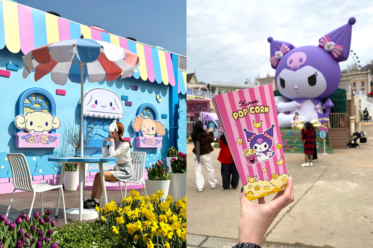 Everland Sanrio Tulip Festival - Vibrant Sanrio character-themed decorations among blooming tulips at Everland, part of the ongoing Tulip Festival.