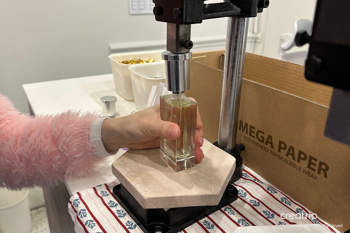 Stylishly decorated scent pouch at Perfume Play Gangnam with unique stamps and designs.