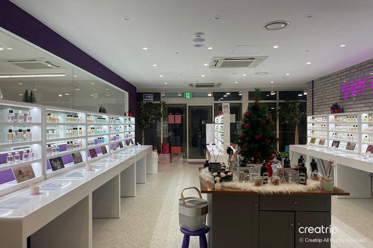 Perfume Play interior showcasing an extensive display of perfumes and a festive tree.