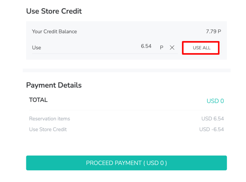 Page de paiement sur Creatrip, détaillant l'utilisation complète des crédits en magasin avec un bouton pour procéder au paiement.