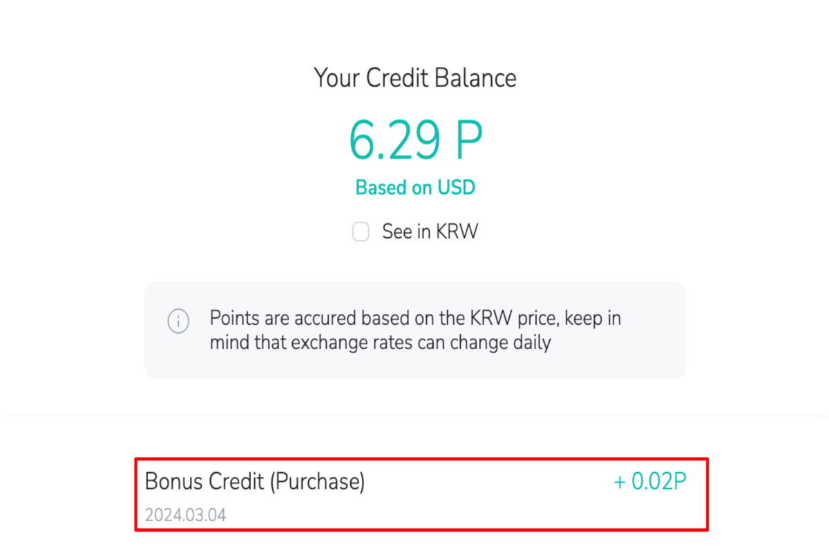 Capture d'écran créatif affichant le solde actuel en points Creatrip avec une option de changement de devise.