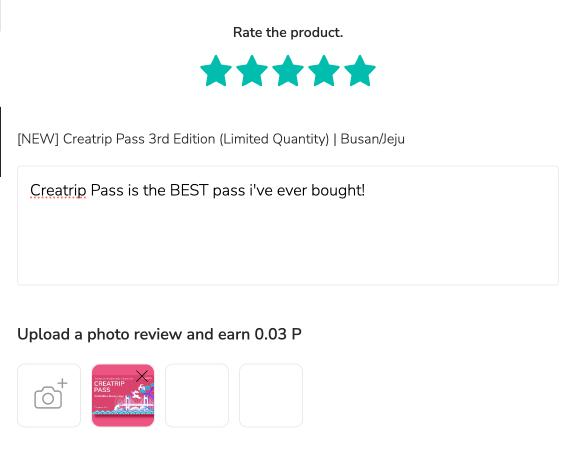Interface d'évaluation de produit sur Creatrip avec espace pour ajouter un avis photo, et gagner des points supplémentaires.
