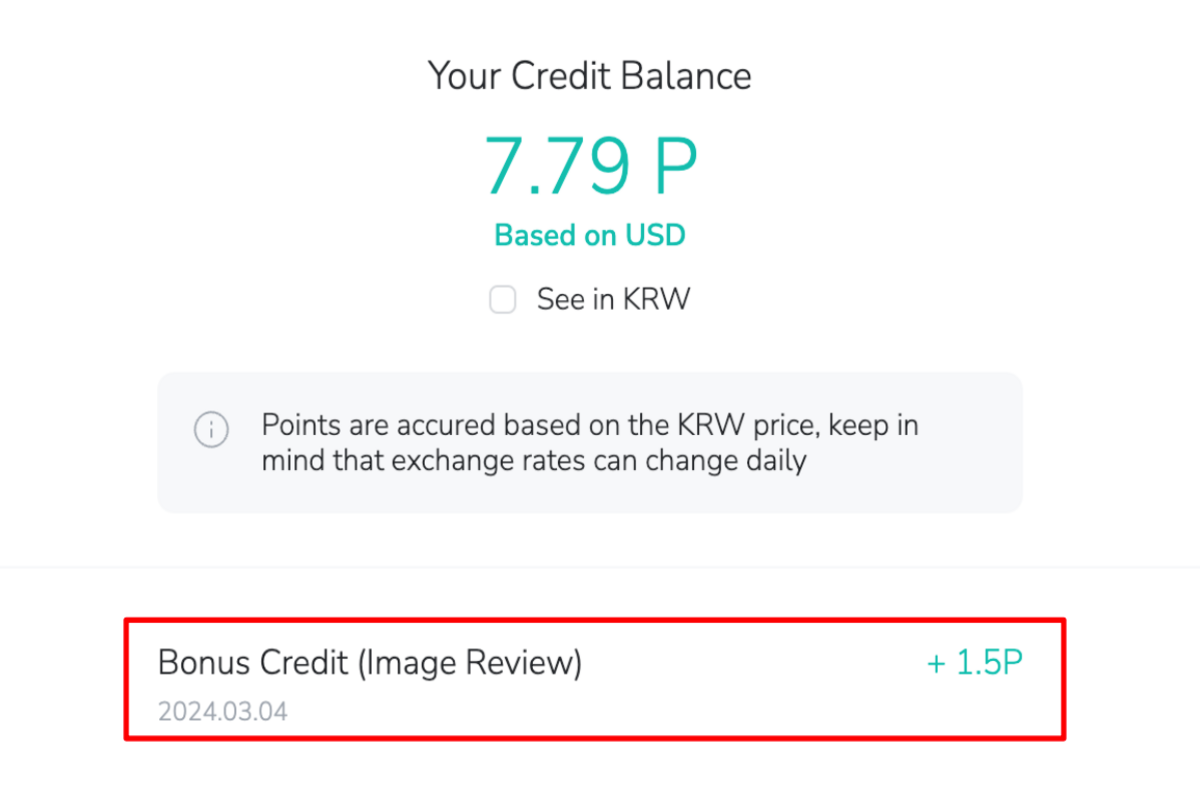 Capture d'écran du solde de points Creatrip avec des gains de bonus de crédits affichés en bas.