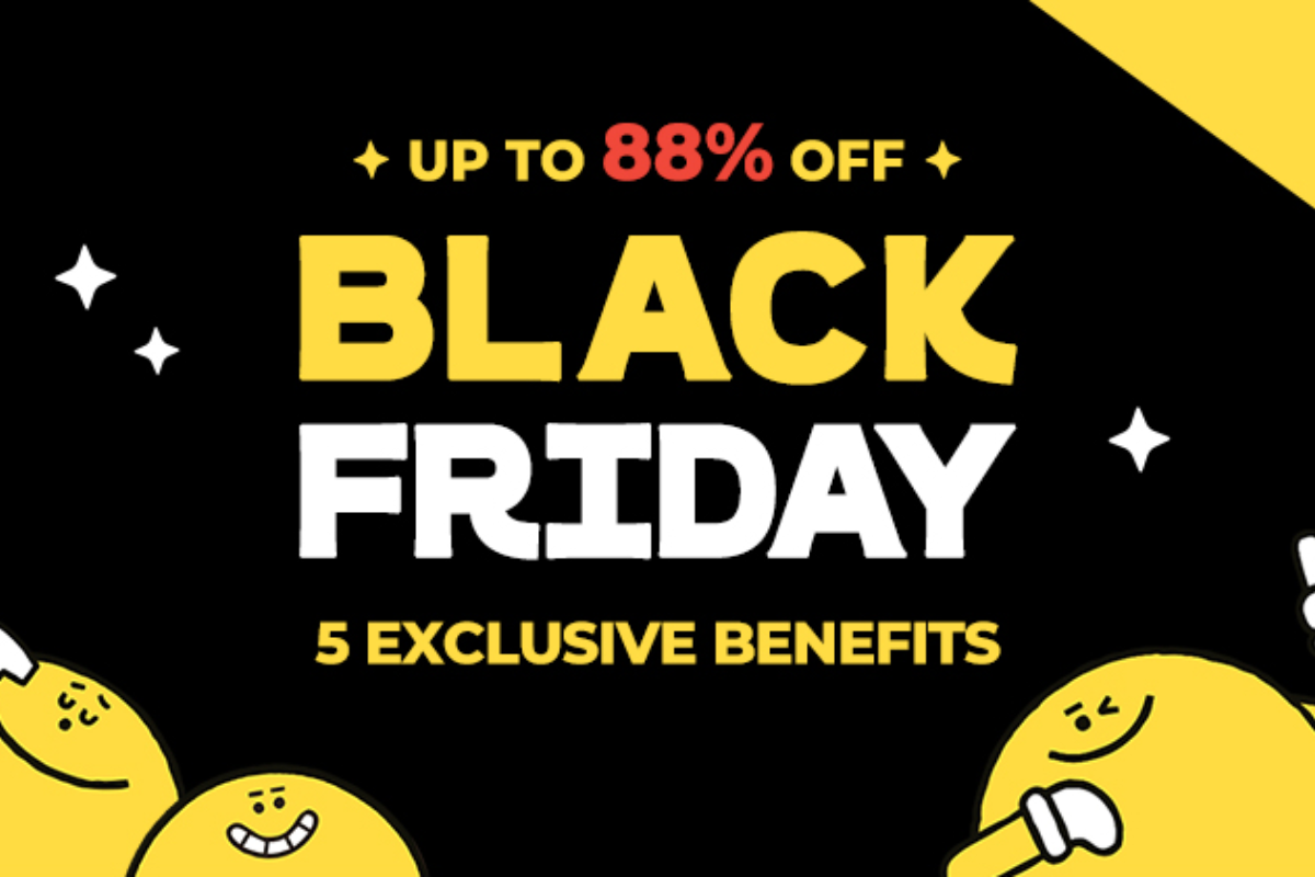 Cheerful Black Friday event poster for Olive Young, showcasing discounts up to 88% off, in bright yellow and black theme with playful cartoon emojis.