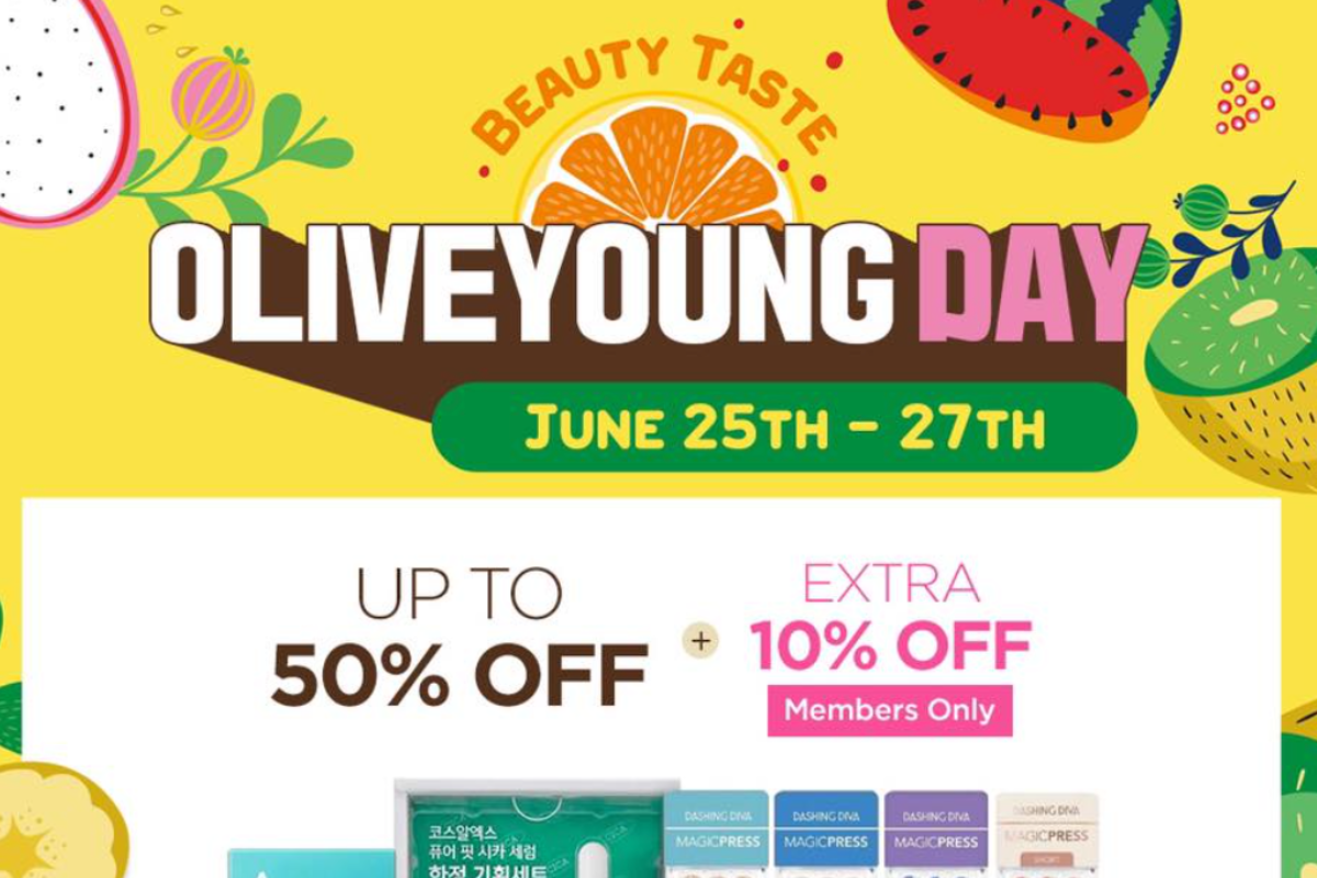 Bright and colorful Olive Young Day promotional banner for June 25th to 27th, offering significant discounts up to 50% off on beauty products.
