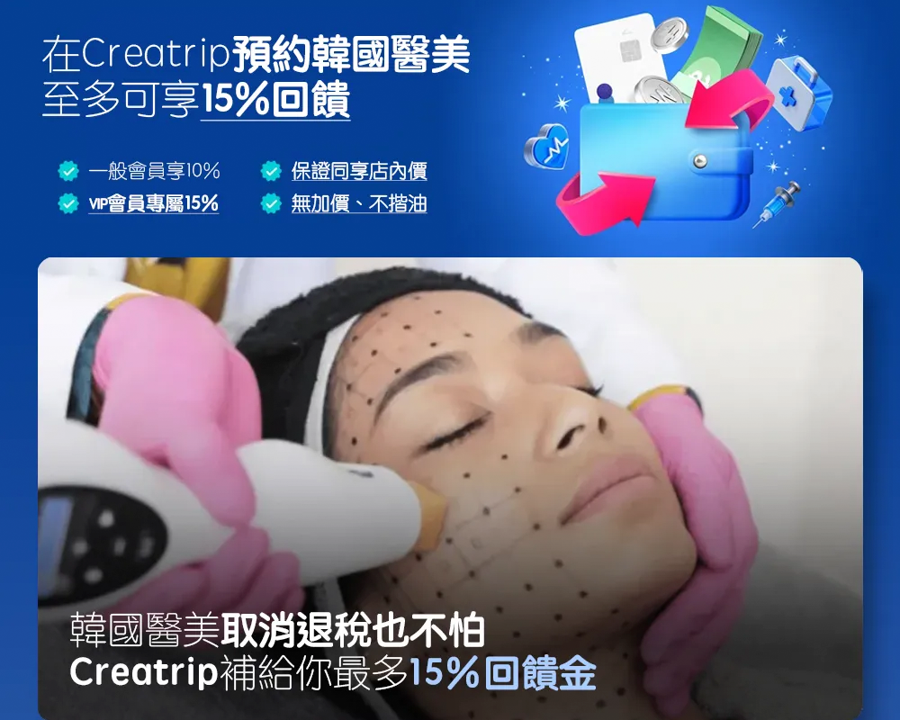藍色宣傳圖搭配醫美療程照片與文字，說明在Creatrip預約韓國醫美可享最高15%回饋，圖示有錢包、兌換箭頭與療程操作場景，強調折扣與回饋資訊。