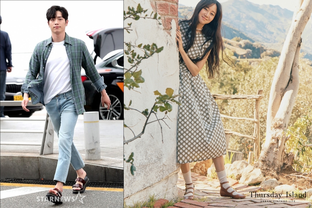 兩種初夏穿搭示範，左側男子穿著格子襯衫搭白色T恤與牛仔褲，右側女子身著格子連衣裙，展現了韓國在初夏時期的主流時尚風格。