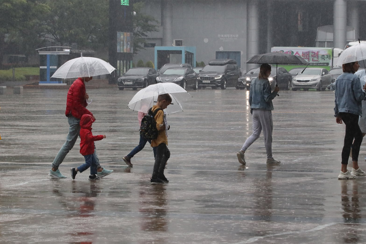 雨天中一個家庭在街上行走，背景是濕潤的地面和開著的傘，展示了韓國梅雨季期間的日常場景和適應性的保護措施。