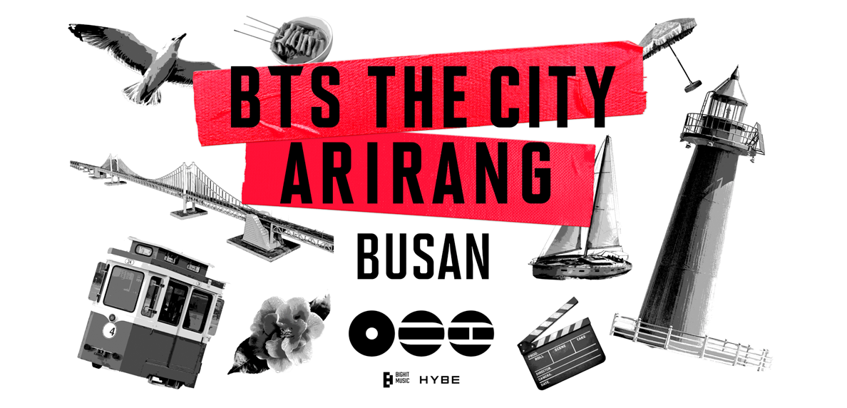 以黑白插畫組成的宣傳橫幅，紅色布條上標示「BTS THE CITY ARIRANG BUSAN」，周圍有橋樑、燈塔、帆船、電車與電影拍板等代表釜山與活動元素，適合6月釜山追星旅遊文章配圖。