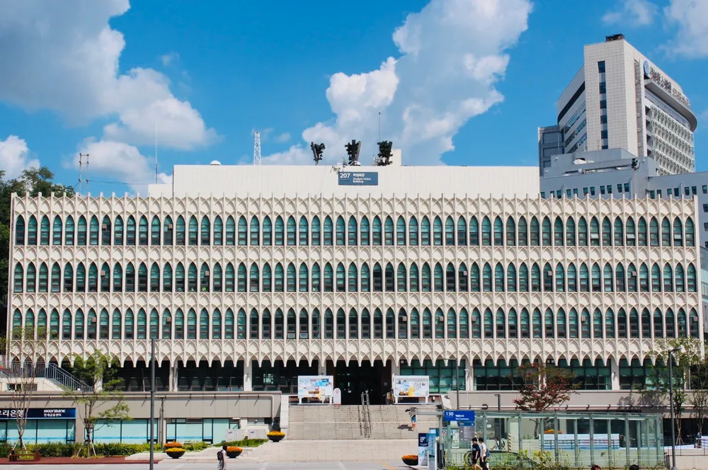 Yonsei University Student Union Building featuring a facade with detailed window patterns.