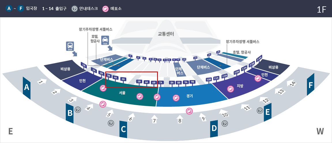 Bus stop guide at Incheon Airport showing locations and numbers for routes to Seoul.