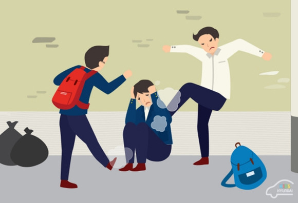 韓國校園霸凌場景插圖：一名學生坐在地上捲縮著，其他學生向他進行腳踢與拳頭施壓，背景中可見揹包和垃圾袋。