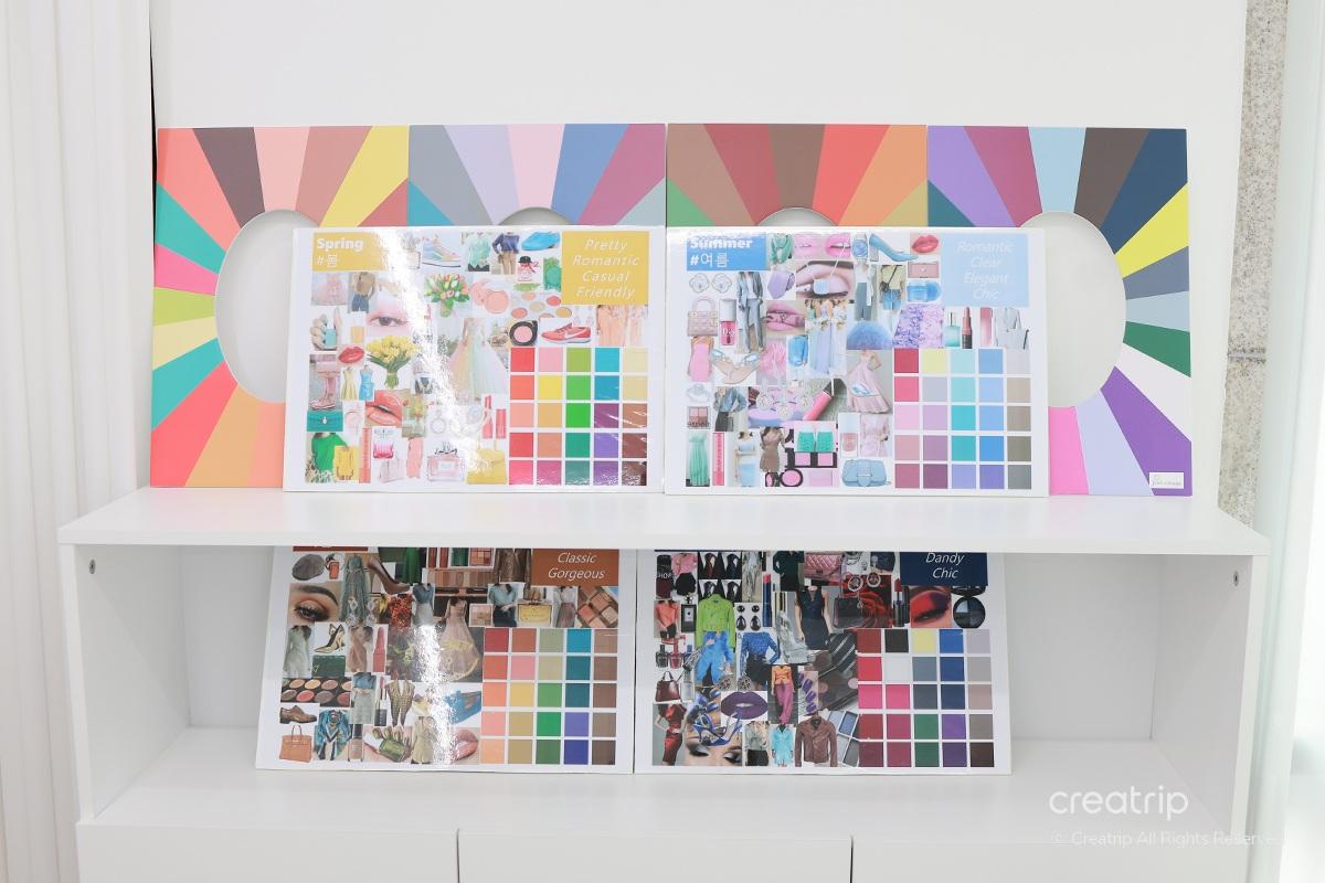 Гоо сайхны бүтээгдэхүүнтэй, төрөл бүрийн өнгөний зөвлөмж бүхий Color Signal ханалтын өрөөний зохион байгуулалт.