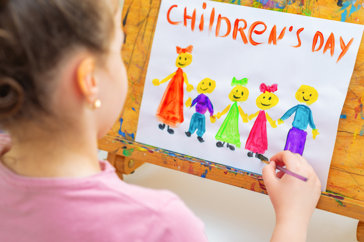 Children's Day drawing with colorful figures, celebrating South Korea's public holiday in May.