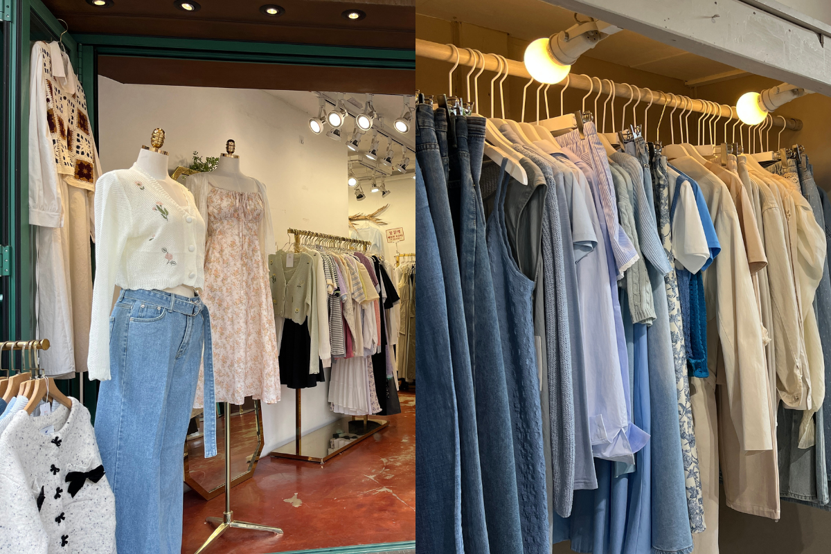 ร้านเสื้อผ้าผู้หญิงในอิกซอน-ดง มีทั้งชุดลายดอกและเดนิมหลากหลายแบบในห้องแสดงสินค้า