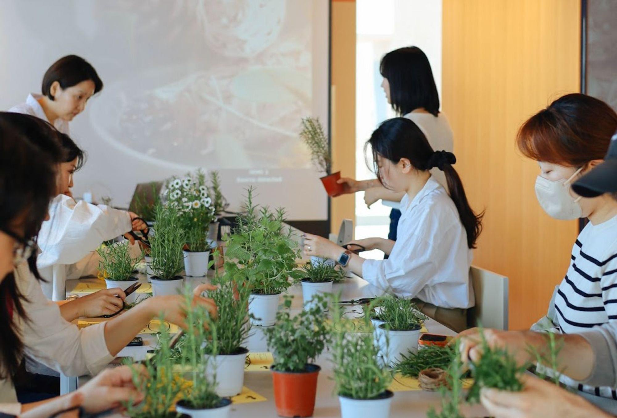 คนกลุ่มหนึ่งที่ทำเวิร์คช็อปปลูกต้นไม้อย่างร่วมมือกันใน Co-living House Mangrove เพื่อเสริมสร้างความผูกพันและการเรียนรู้ในกลุ่ม