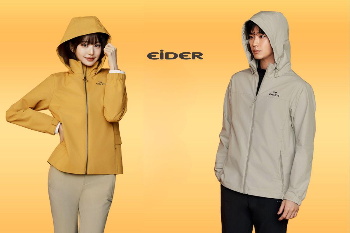 EIDER 機能服飾樣式展示,搭配明亮背景,強調品牌設計和風格。