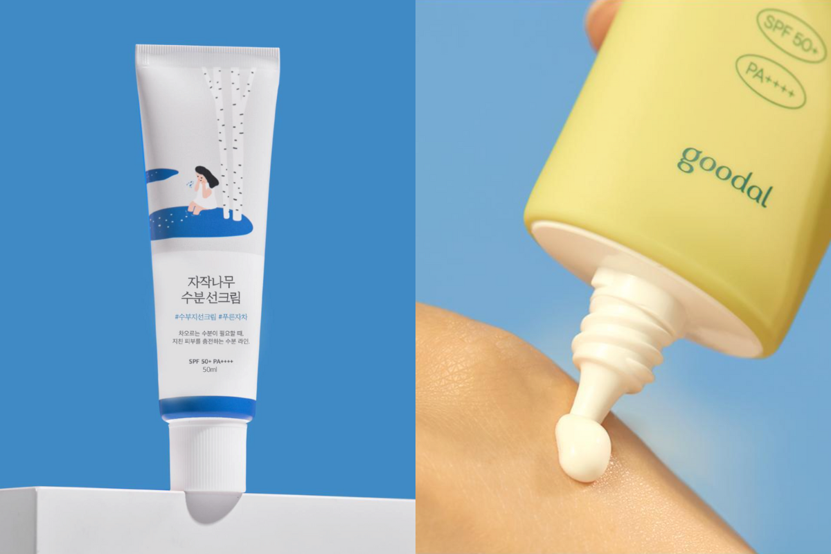 Korean sunscreen products with SPF 50+ to protect from high UV index in summer.