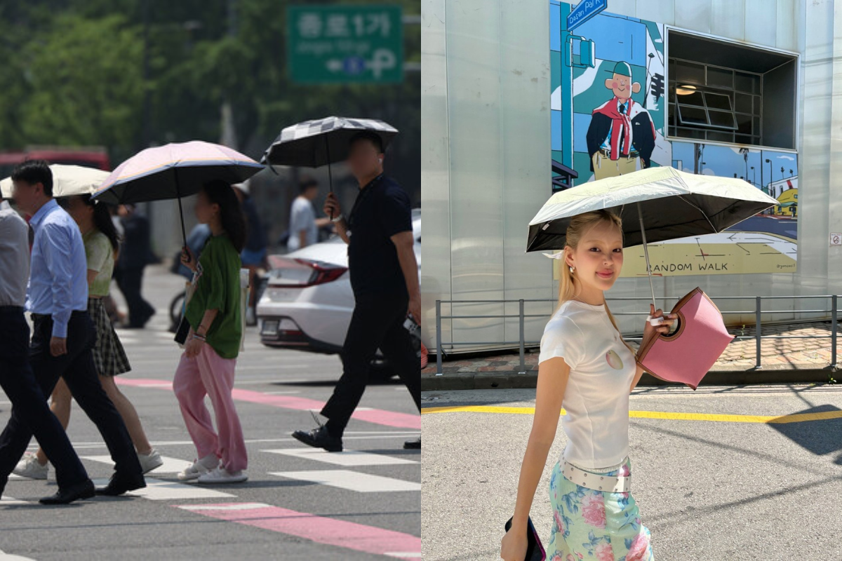 People using UV-protectant umbrellas on a sunny day in South Korea to block harmful UV rays.