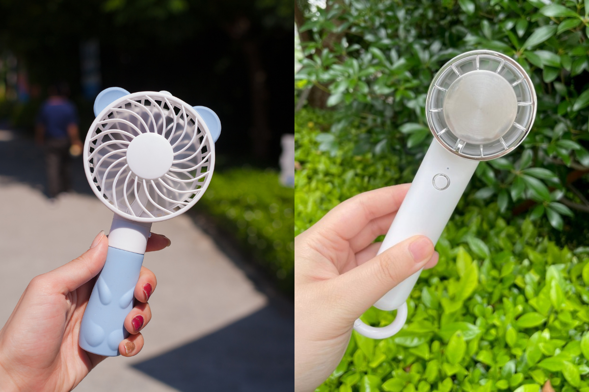 Handheld mini electric fans for staying cool during hot summer days in South Korea.