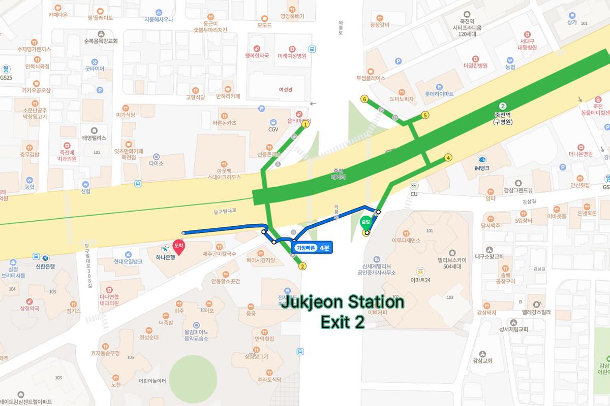 Map showing directions to KoResQ beauty academy near Jukjeon Station Exit 2.