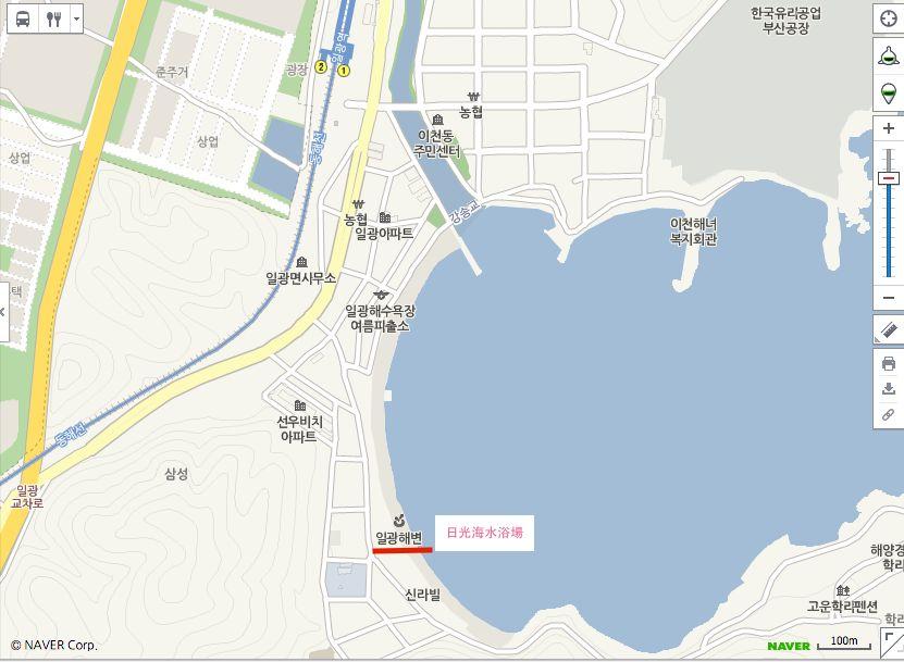 韩国釜山海水浴场附近地区的详细地图图示。