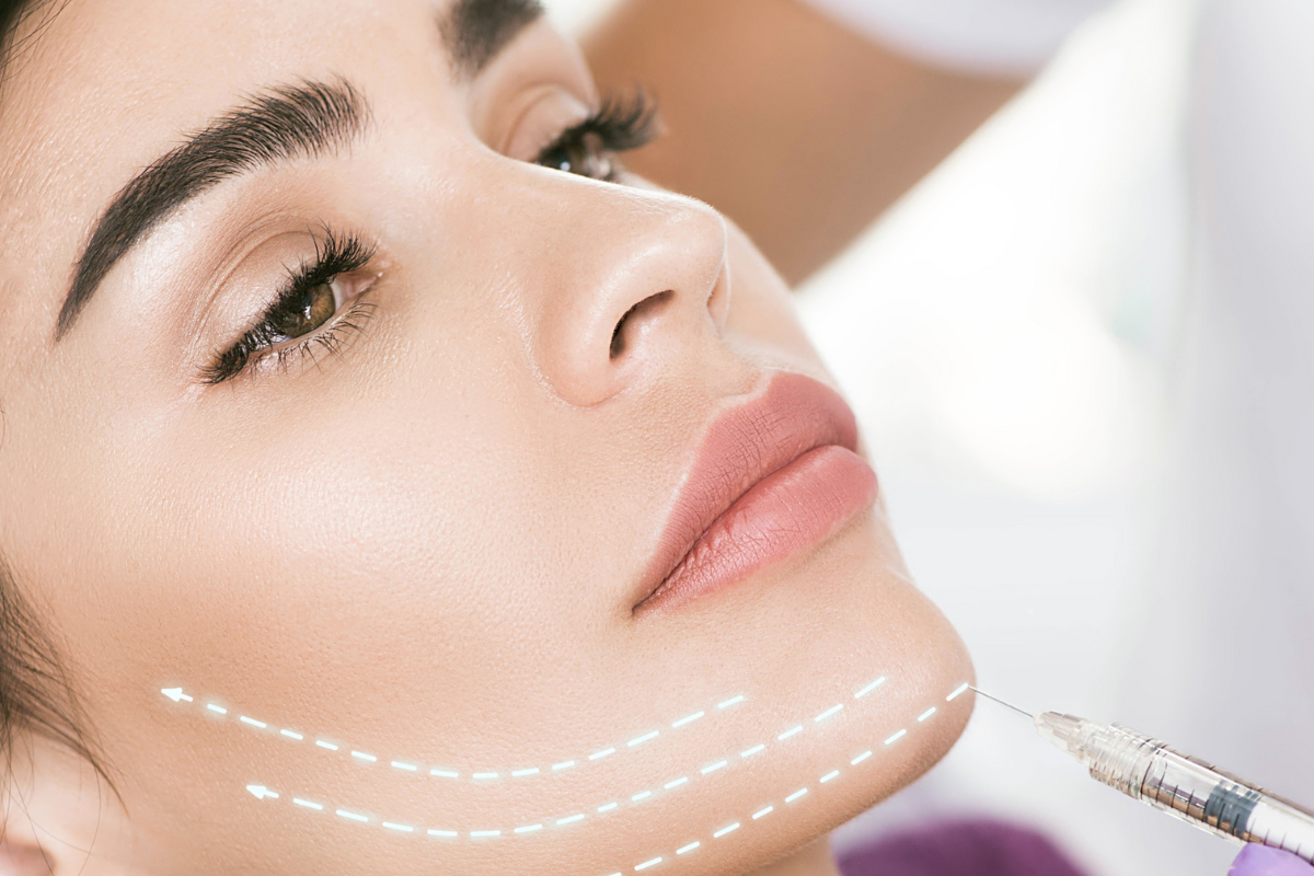Facial contouring Botox with injections for jawline slimming and brow lift treatment.