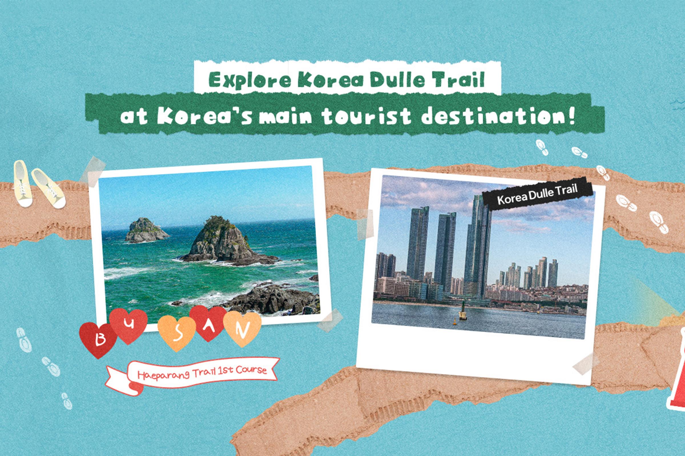 Promotional graphics for the Haeparang Trail in Busan, featuring Haeparang course and city skyline.