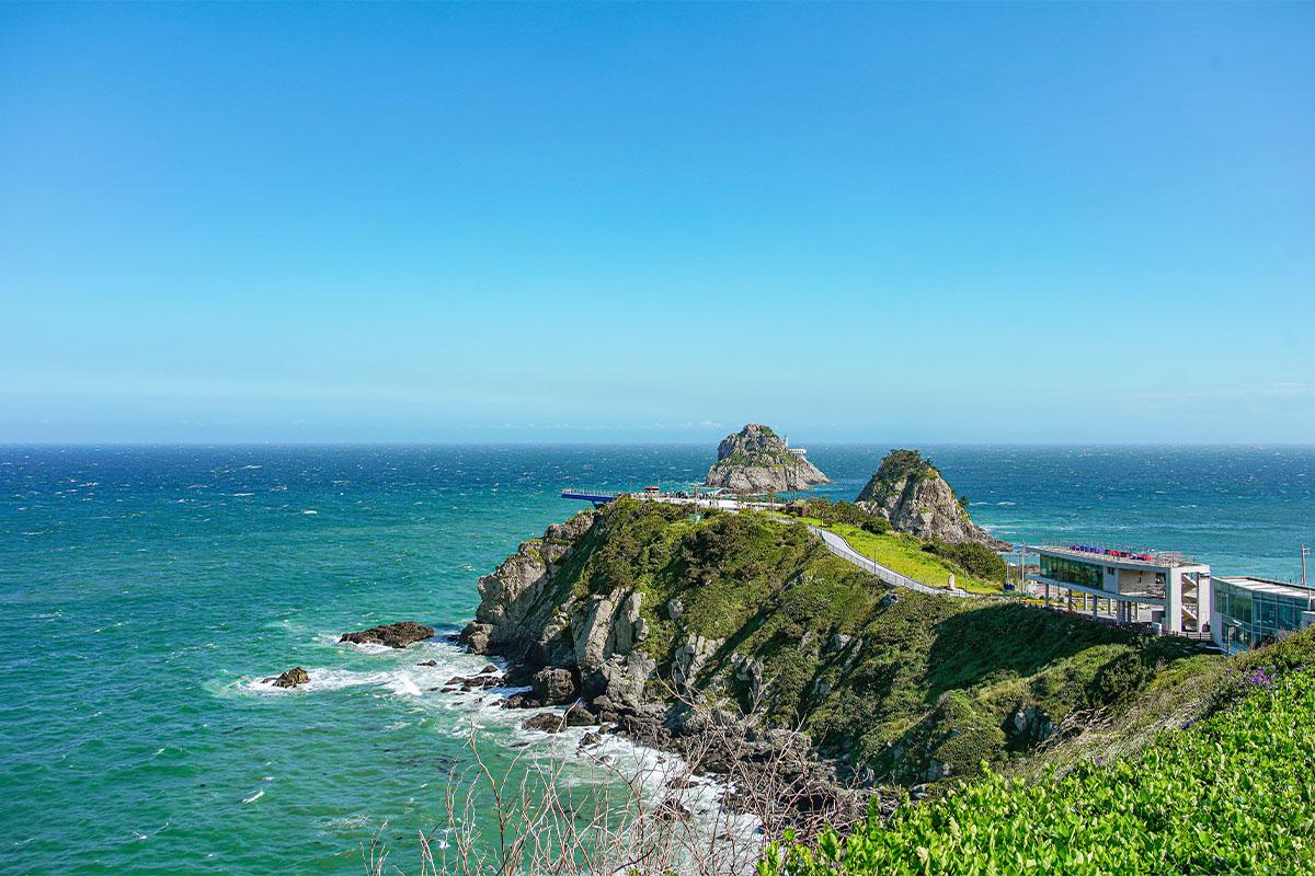 Dramatic cliffs and blue ocean view at Oryukdo Islets, Busan, Korea.
