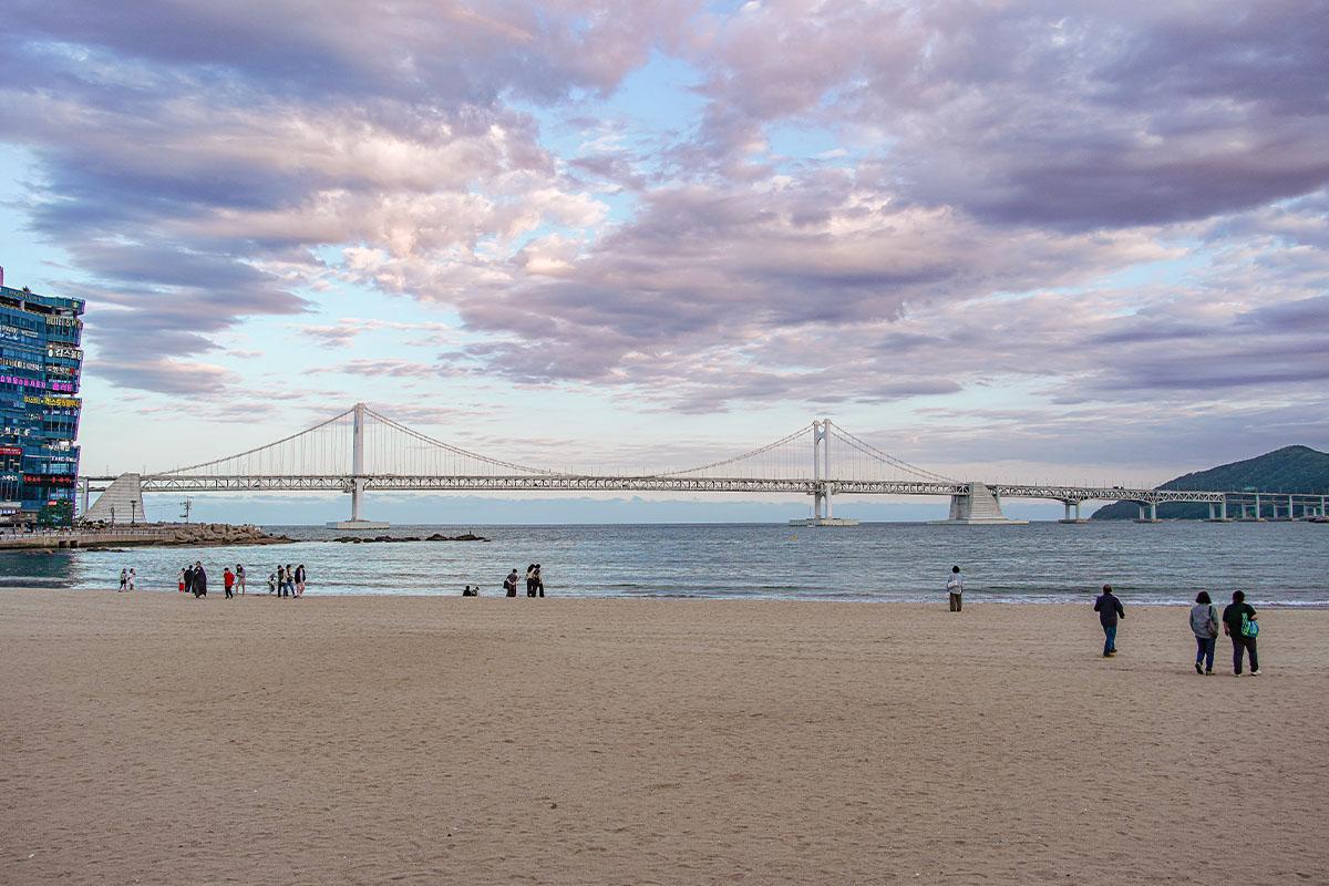 Gwangandaegyo Bridge spanning Busan's beautiful coastline at dusk.