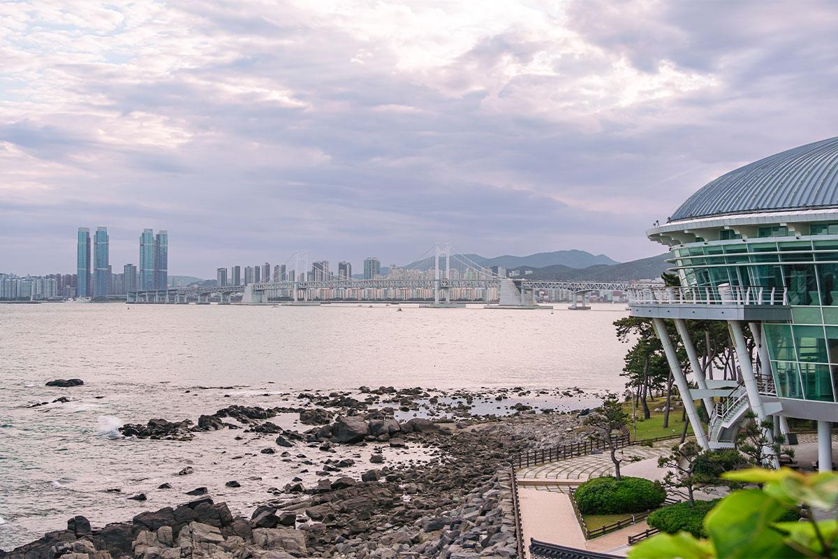 Panoramic view of the sea and cityscape from Dongbaek Island in Busan.