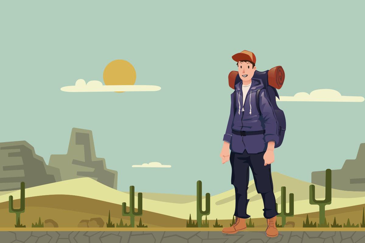 Illustration of a hiker in front of a desert sunset preparing for the Korea Dulle Trail.