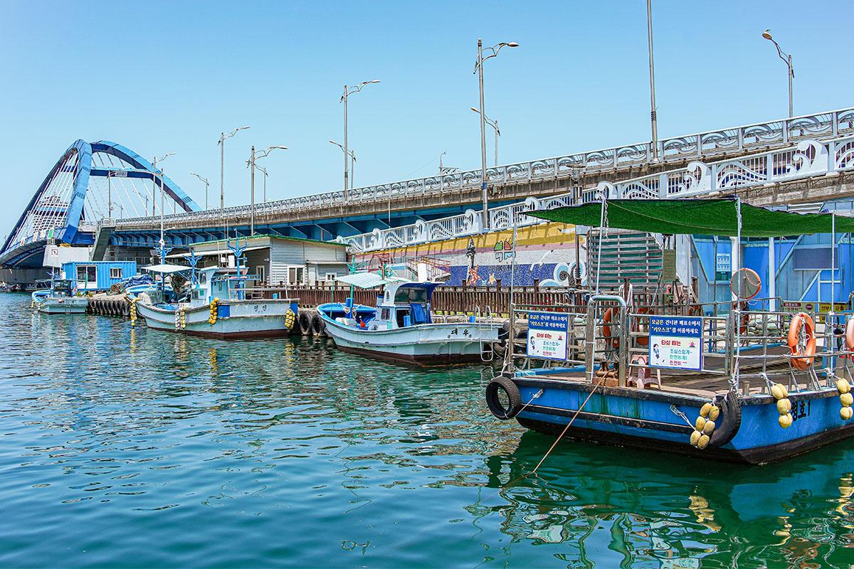 Fishing boats moored in the waters of Jangsa Port, Sokcho, under a bright blue sky.
