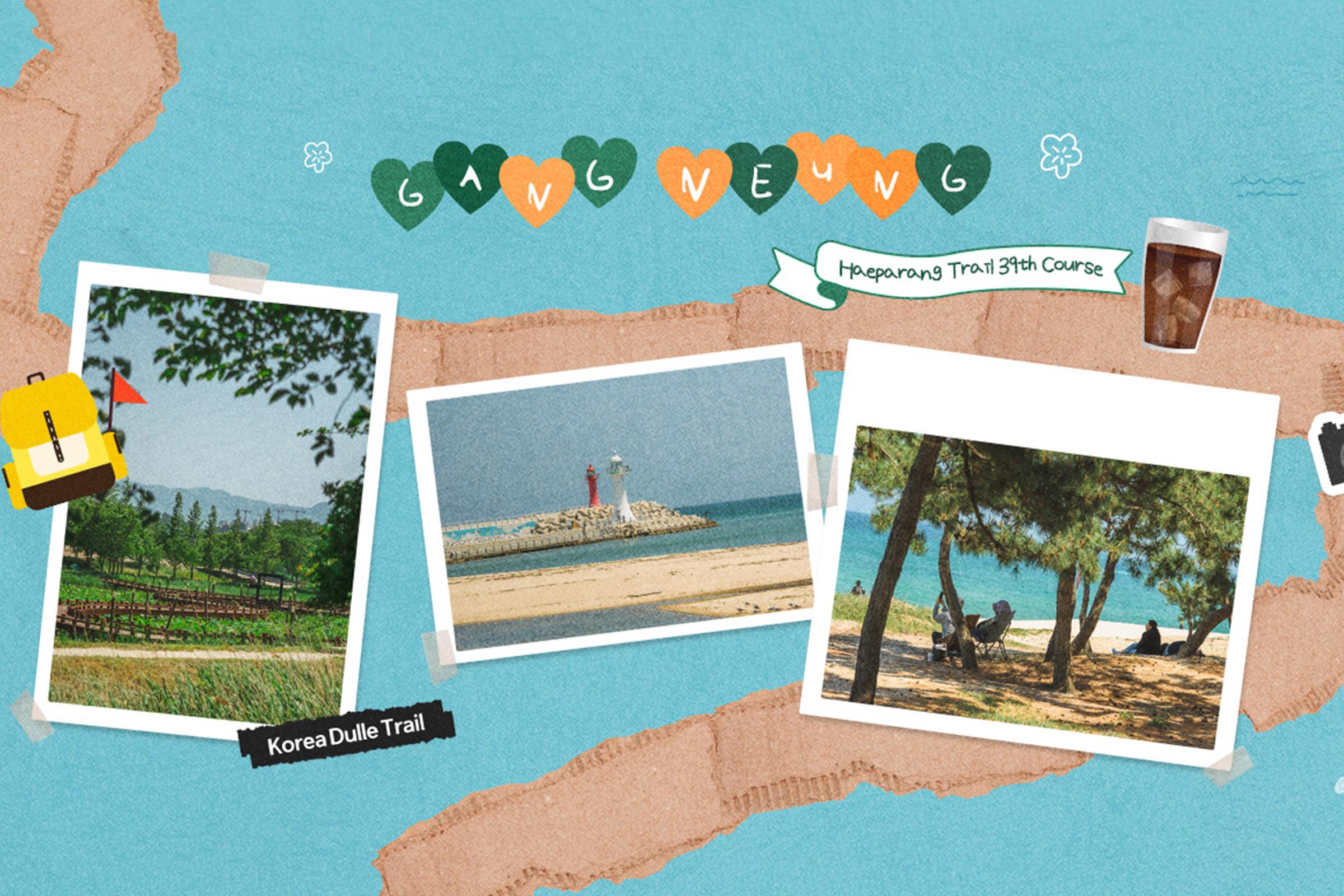 Promotional graphics featuring the diverse landscapes of the Haeparang Trail in Gangneung.