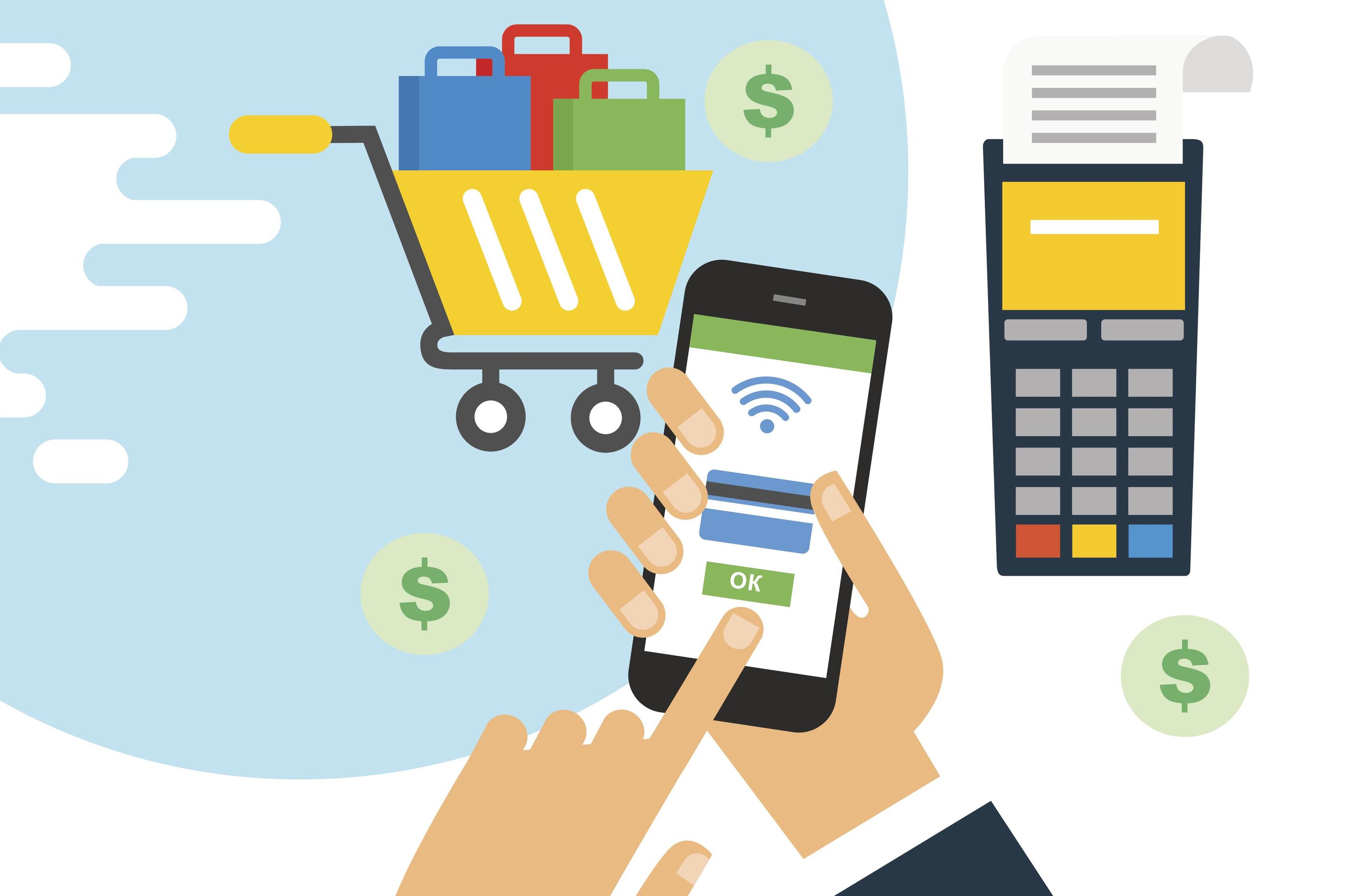 Illustration of a hand holding a smartphone displaying a contactless payment screen, next to a shopping cart and a payment terminal, symbolizing Zero Pay mobile payment system use in Korea.