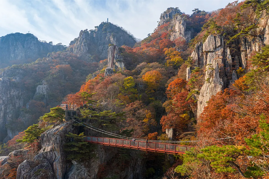 韓國秋季山地景観,紅葉覆蓋的山丘和腳橋,展示11月韓國戶外的自然美景。