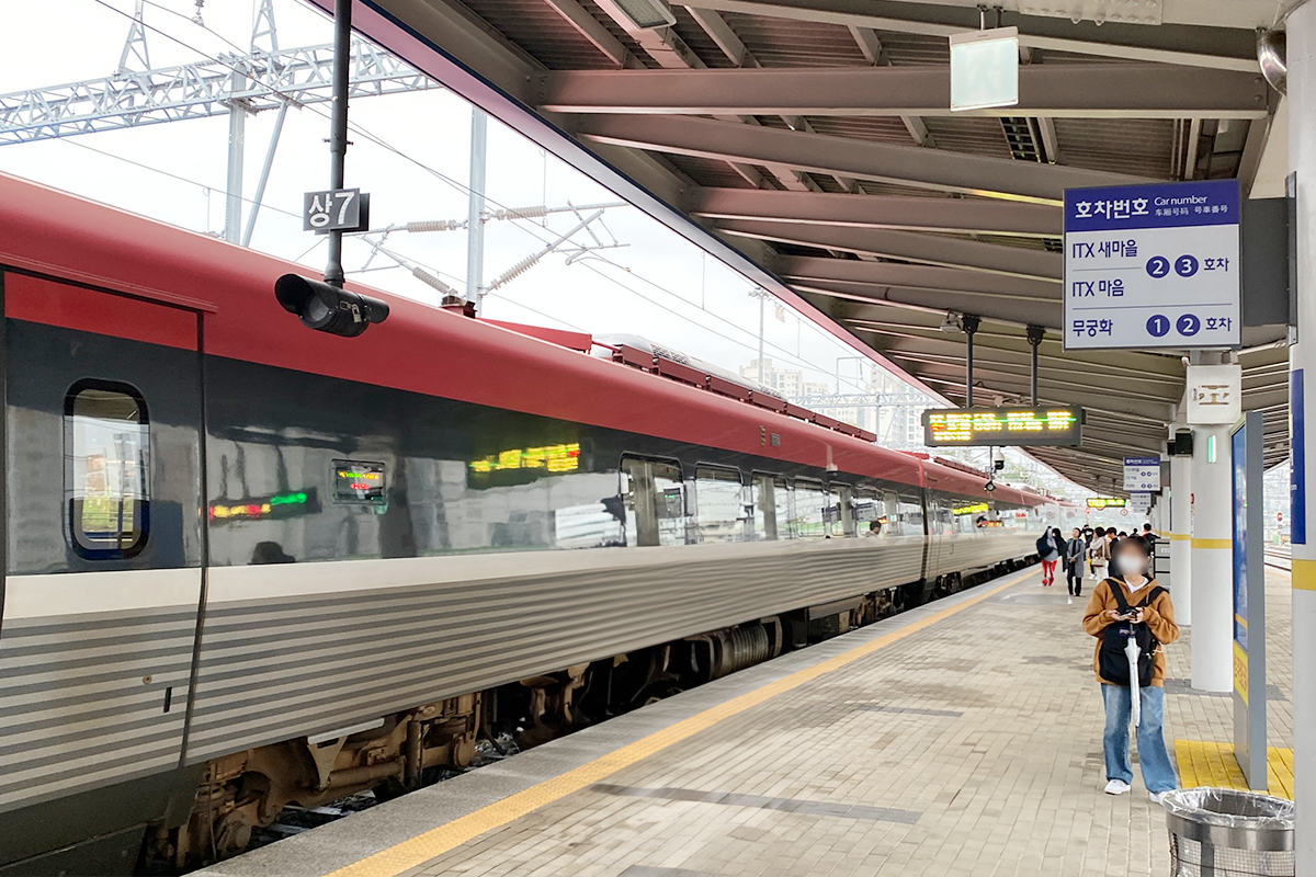 Platform view showing travelers waiting for a train at a major train station in Korea.