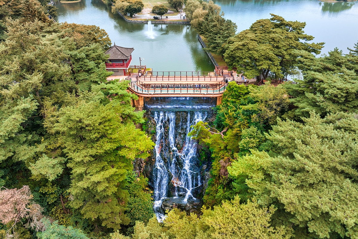 Aerial view of the Yongchu Waterfall at Uirimji Reservoir, Jecheon with vibrant nature