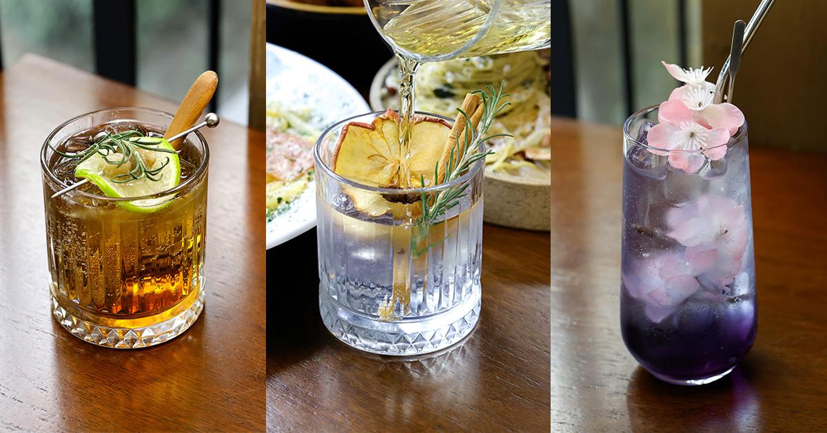 A trio of vibrant highball cocktails infused with herbs and fruits at Earl in Hongdae, Korea.