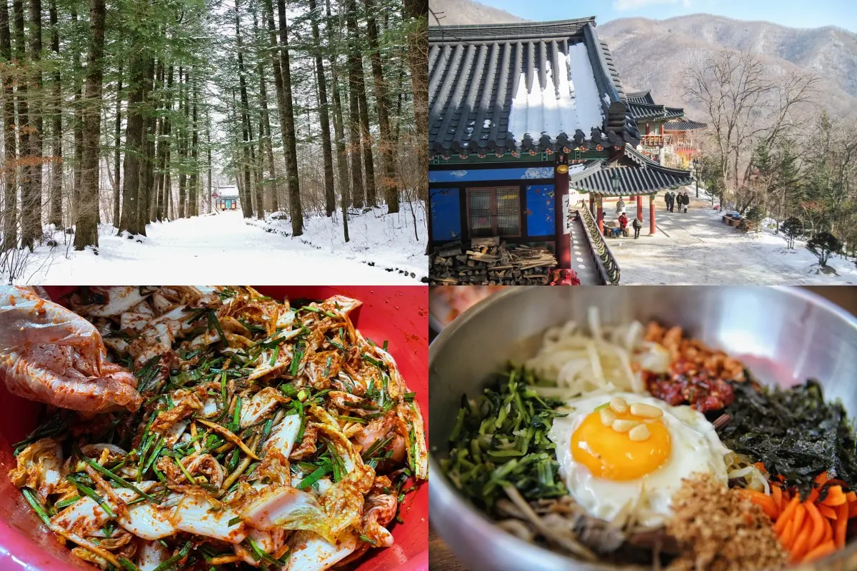 韓國江原道洪川五臺山的月精寺景觀，展示冬季理想的徒步旅遊景點。