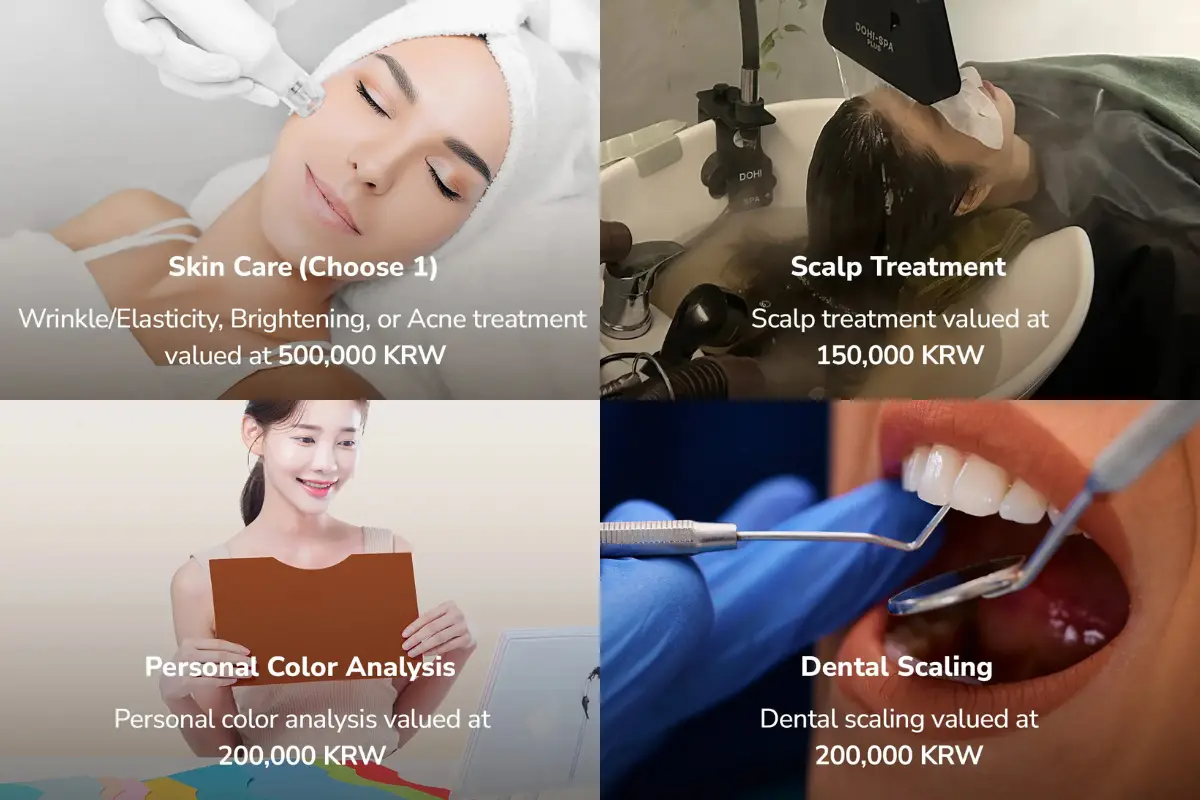 Images showcasing Korean K-beauty treatments including skincare, scalp treatment, personal color analysis, and dental scaling.