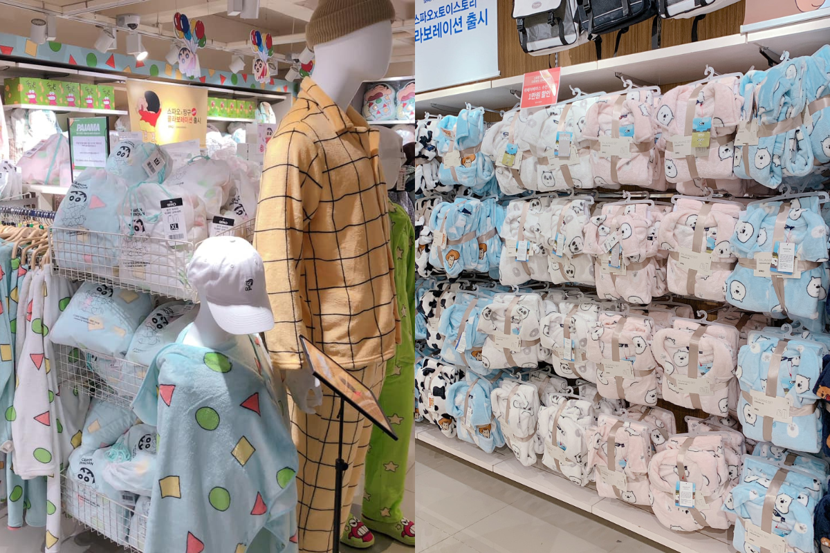 Interno di un negozio in Corea del Sud che vende vari pigiami invernali caldi e accoglienti.
