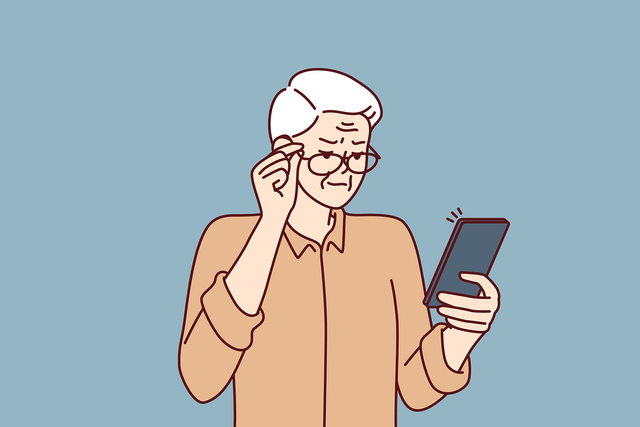 视觉展示老花眼症状的插图，描绘了难以在近距离看清文字的情境，以增强对该症状的理解。