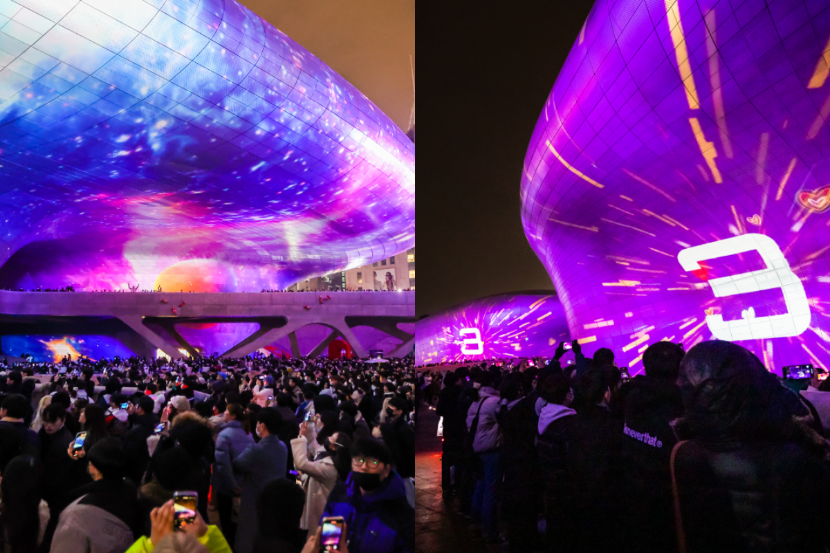 Seoul Light DDP event at Dongdaemun Design Plaza with colorful light projections during New Year.