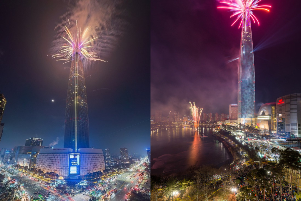 Lotte World Tower with a spectacular fireworks display during New Year's celebration in Seoul.