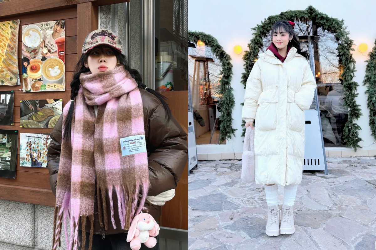 Two people wearing trendy winter outfits in South Korea, showcasing Korean winter fashion.